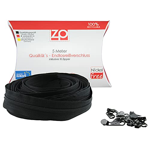 Schwarz - Zipp and Slide 3 mm Endlosreißverschluss Zn30 - Nickel Frei! - 5 Meter inkl. Zipper