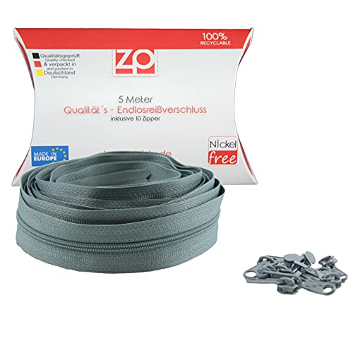 Grau - Zipp and Slide 3 mm Endlosreißverschluss Zn30 - Nickel Frei! - 5 Meter inkl. Zipper