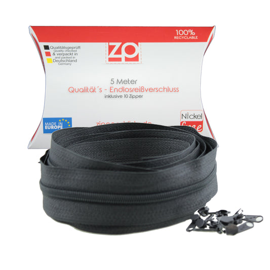 Dark Gray Zipp and Slide 3mm Zn30 Zipper - Nickel Free! - 5 meters incl. slider