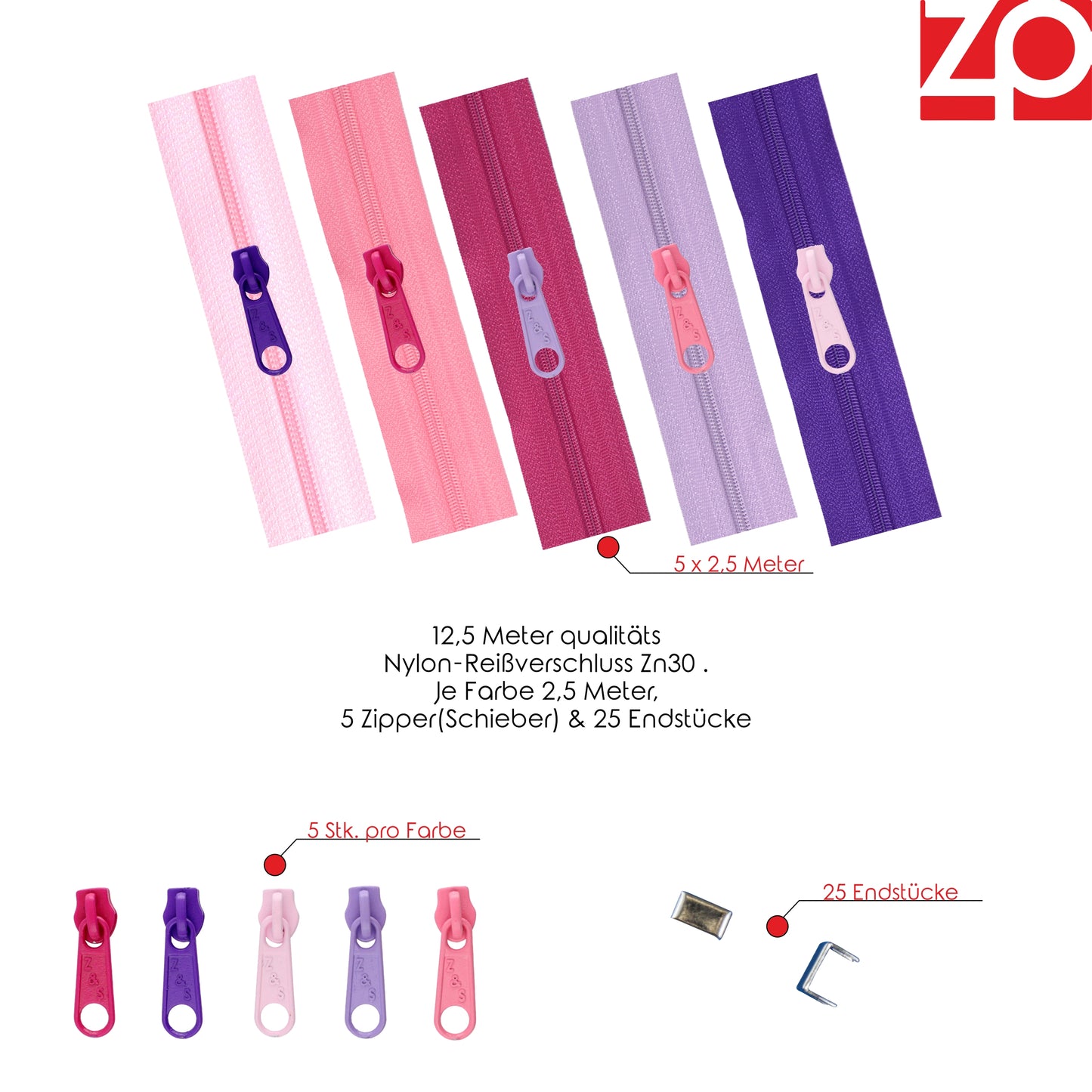 ZIPP AND SLIDE - endless zipper set with slider 3mm 12.5 meters - nickel free - color set no. 10 The original