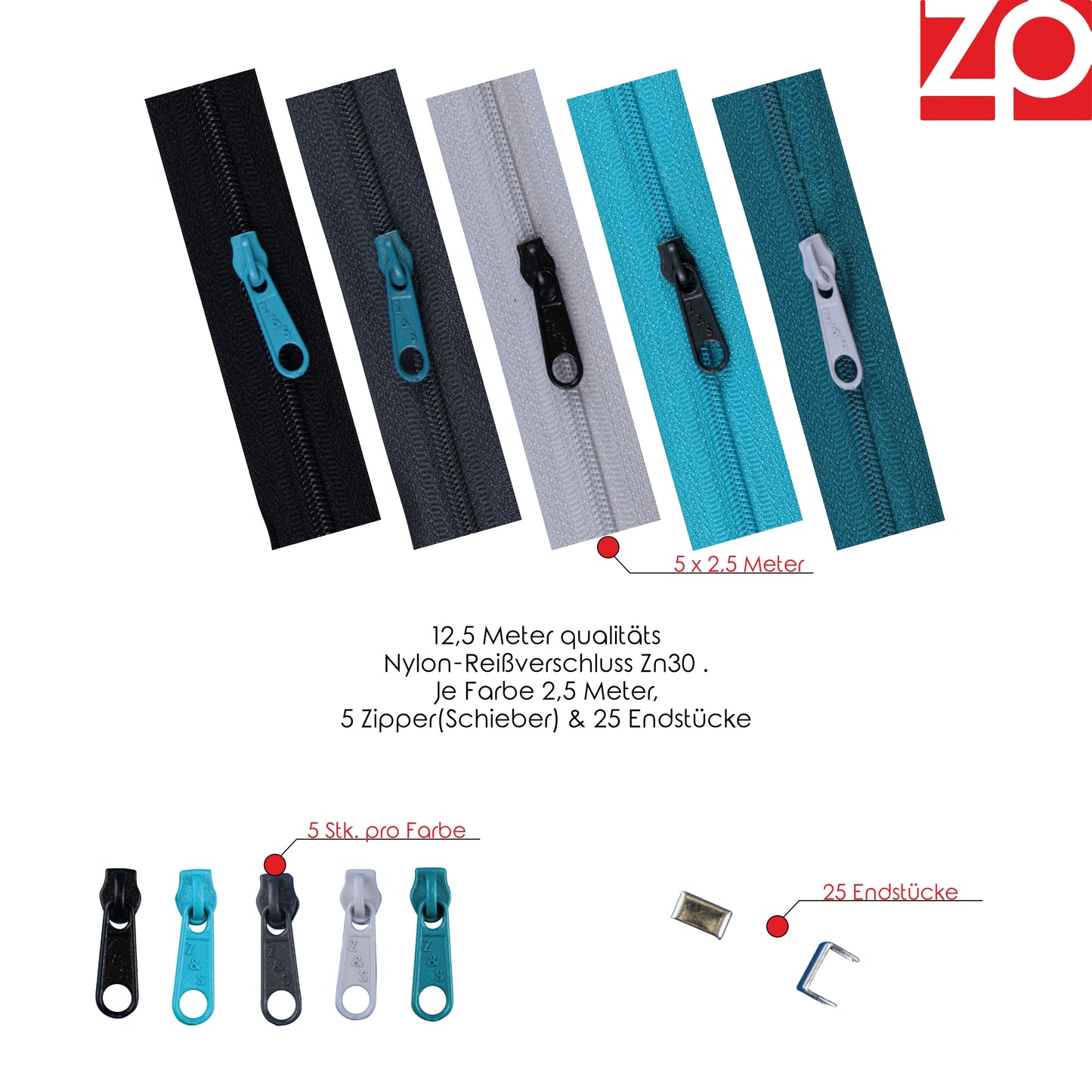 ZIPP AND SLIDE - endless zipper set with slider 3mm 12.5 meters - nickel free - color set no. 7 The original