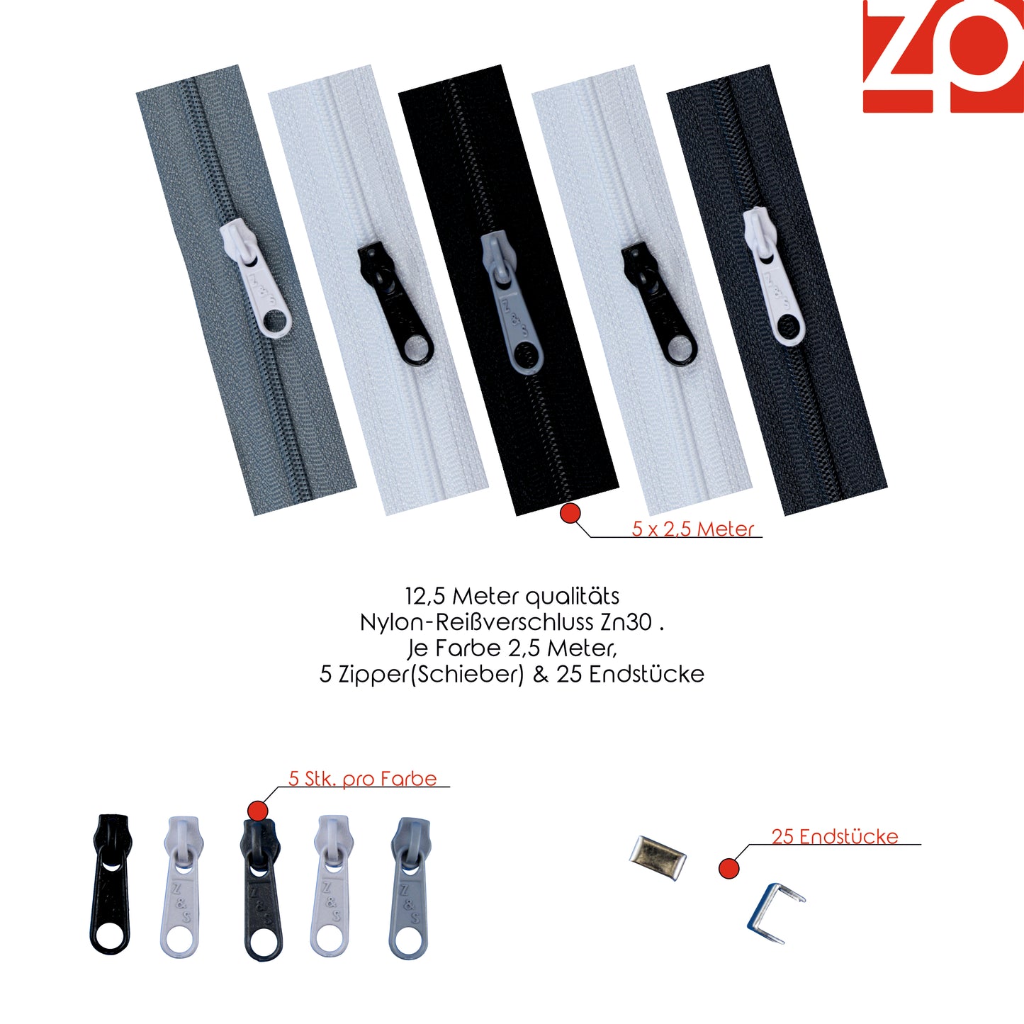 ZIPP AND SLIDE - endless zipper set with slider 3mm 12.5 meters - nickel free - color set no. 9 The original