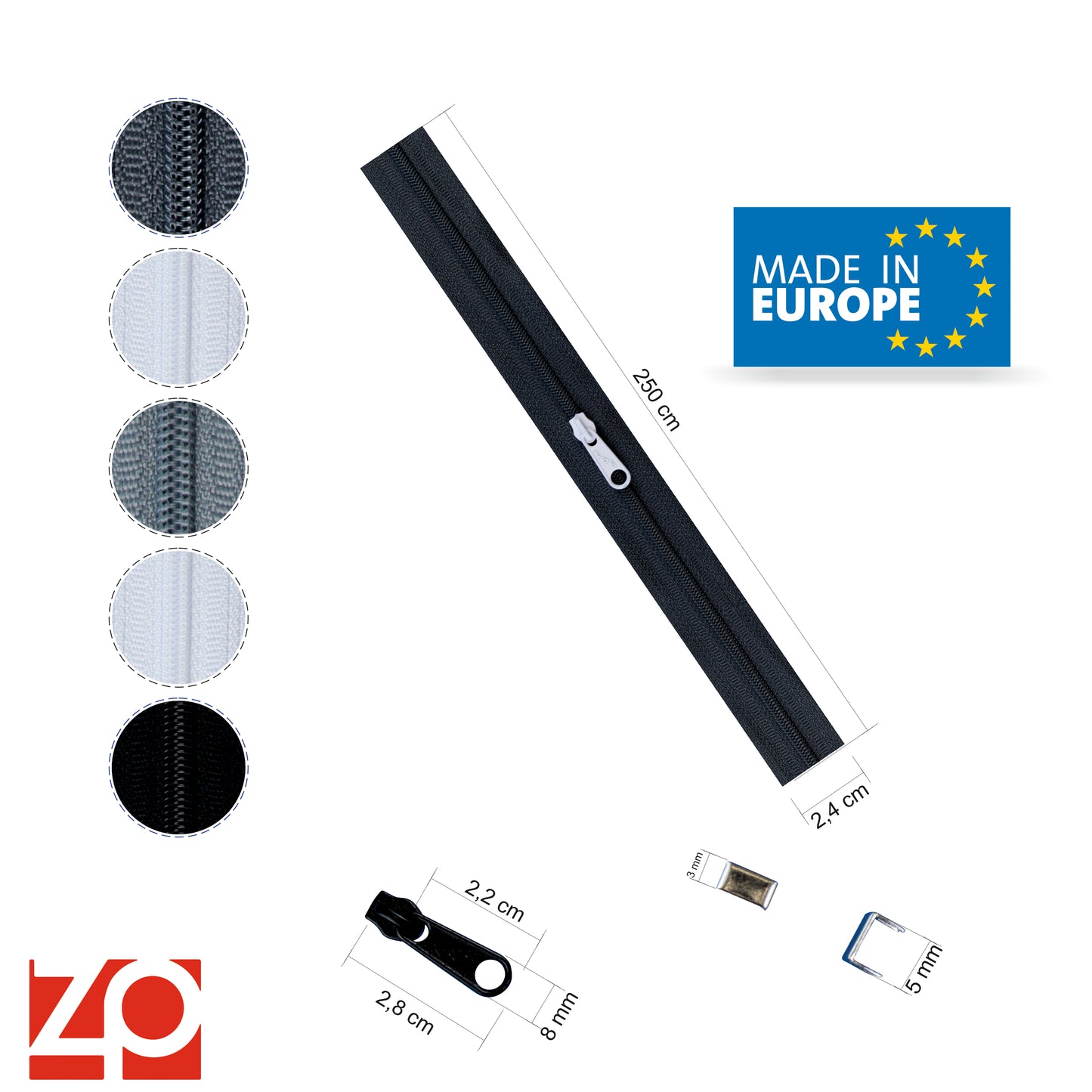 ZIPP AND SLIDE - Endlos Reißverschluss Set mit Zipper 3mm 12,5 Meter - nickelfrei - Farbsetnr. 9 Das Original