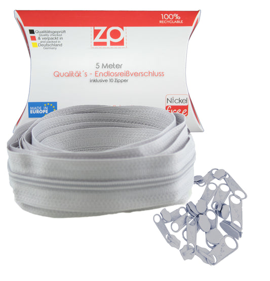 Light Gray - Zipp and Slide 3mm Zipper Zn30 - Nickel Free! - 5 meters incl. slider