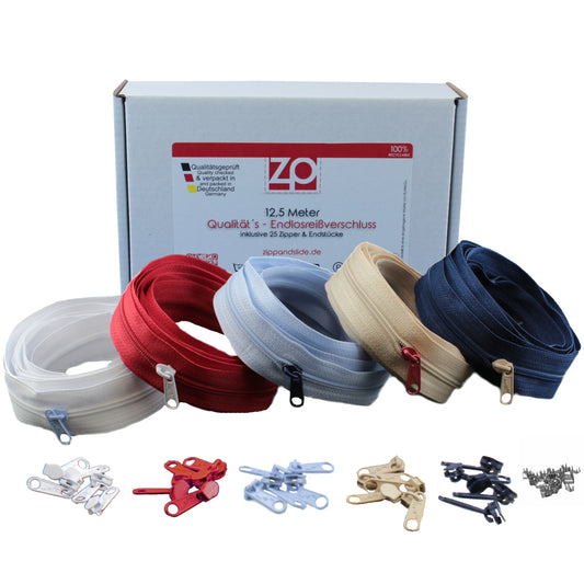 ZIPP AND SLIDE - Endlos Reißverschluss Set mit Zipper 3mm 12,5 Meter - nickelfrei - Farbsetnr. 1 Das Original