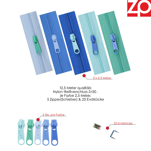 ZIPP AND SLIDE - Endlos Reißverschluss Set mit Zipper 3mm 12,5 Meter - nickelfrei - Farbsetnr. 2 Das Original