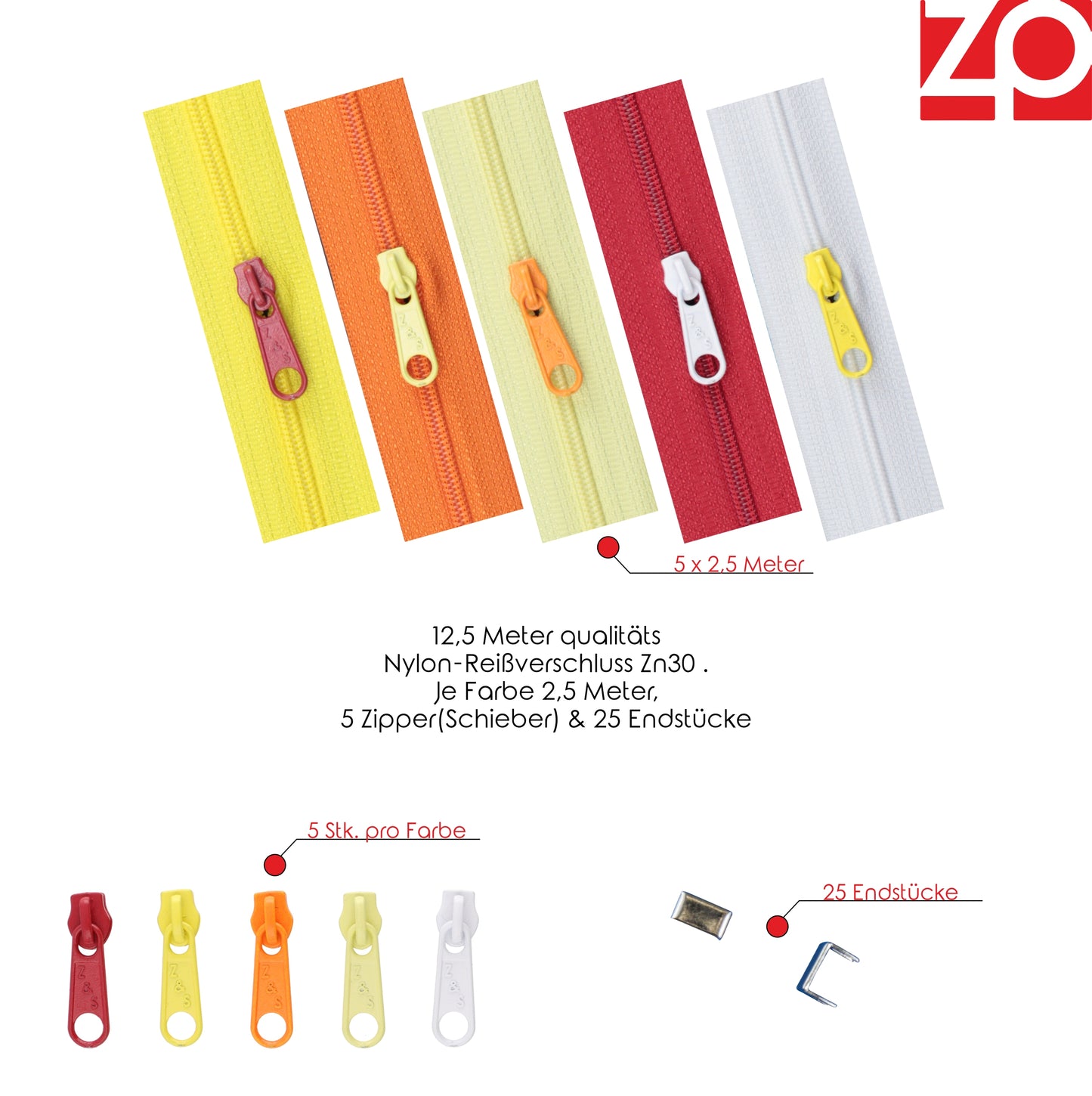 ZIPP AND SLIDE - endless zipper set with slider 3mm 12.5 meters - nickel free - color set no. 4 The original