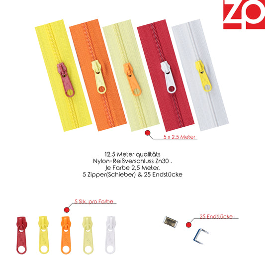 ZIPP AND SLIDE - Endlos Reißverschluss Set mit Zipper 3mm 12,5 Meter - nickelfrei - Farbsetnr. 4 Das Original