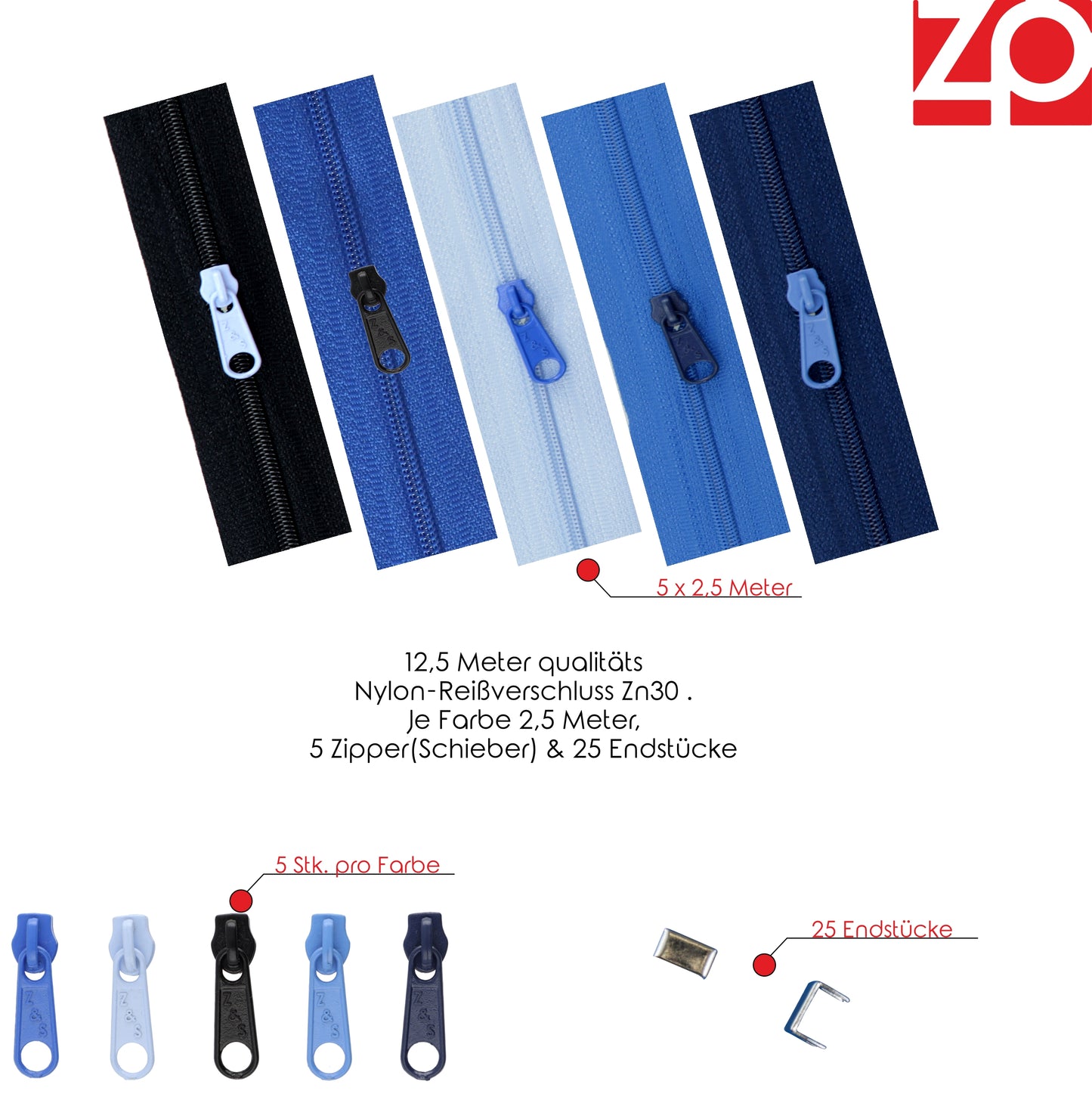 ZIPP AND SLIDE - endless zipper set with slider 3mm 12.5 meters - nickel free - color set no. 5 The original