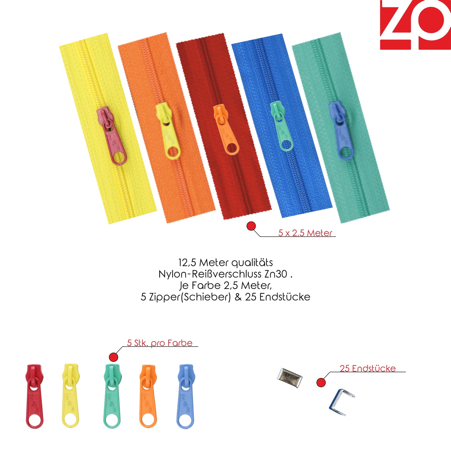 ZIPP AND SLIDE - endless zipper set with slider 3mm 12.5 meters - nickel free - color set no. 8 The original